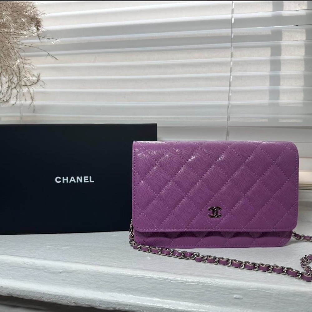 CHANEL Purple Quilted Leather Crossbody Wallet